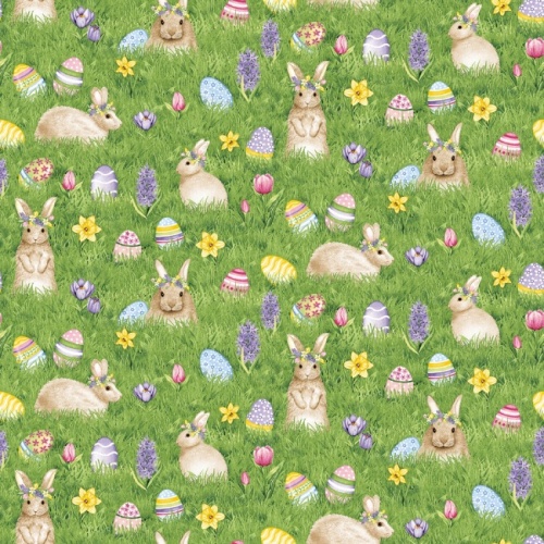 Hoppy Hunting Bunnies and Easter Eggs In The Grass Fabric